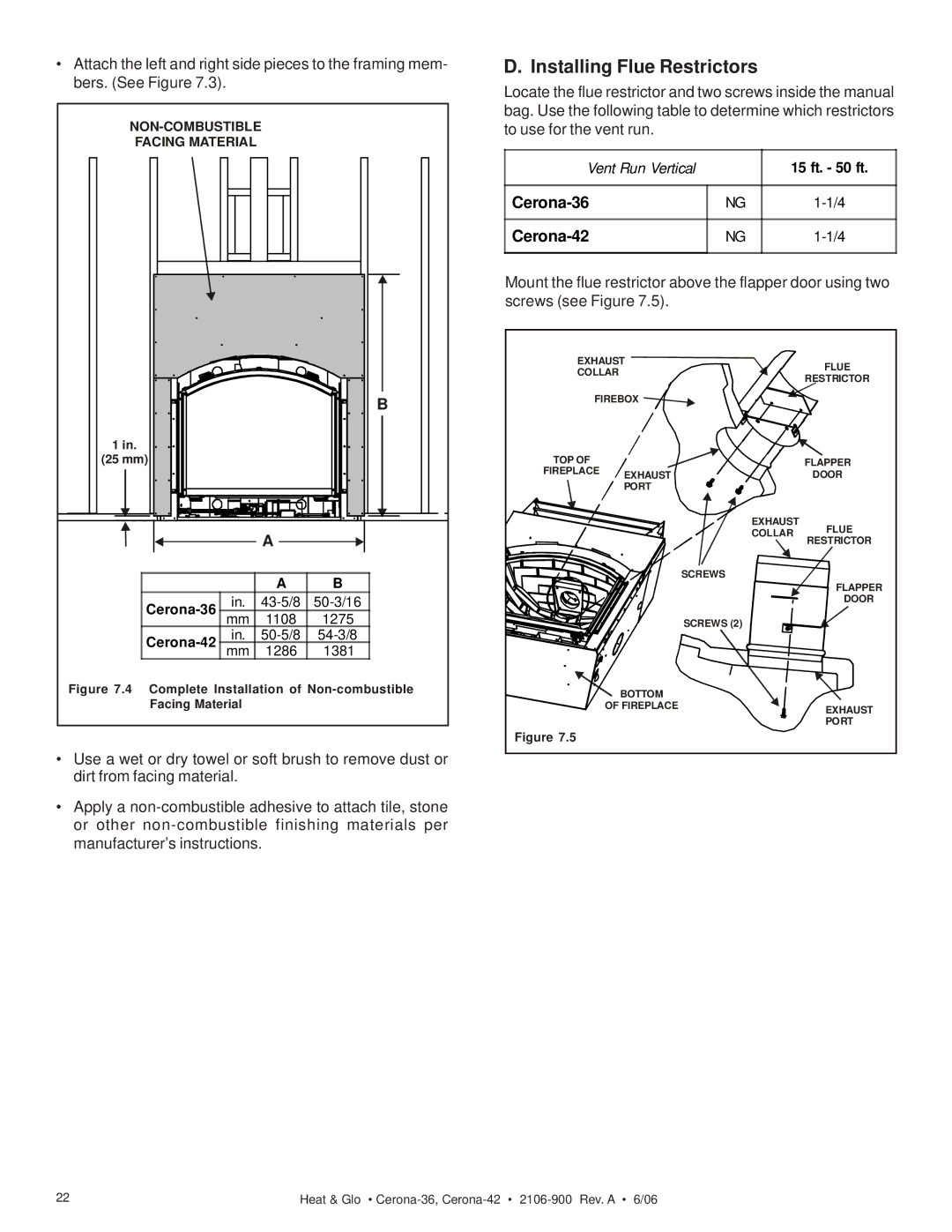 Heat & Glo LifeStyle CERONA-42, CERONA-36 owner manual Installing Flue Restrictors, Cerona-36 Cerona-42 