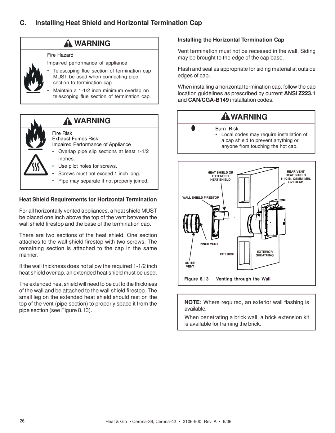 Heat & Glo LifeStyle CERONA-42, CERONA-36 owner manual Installing Heat Shield and Horizontal Termination Cap 