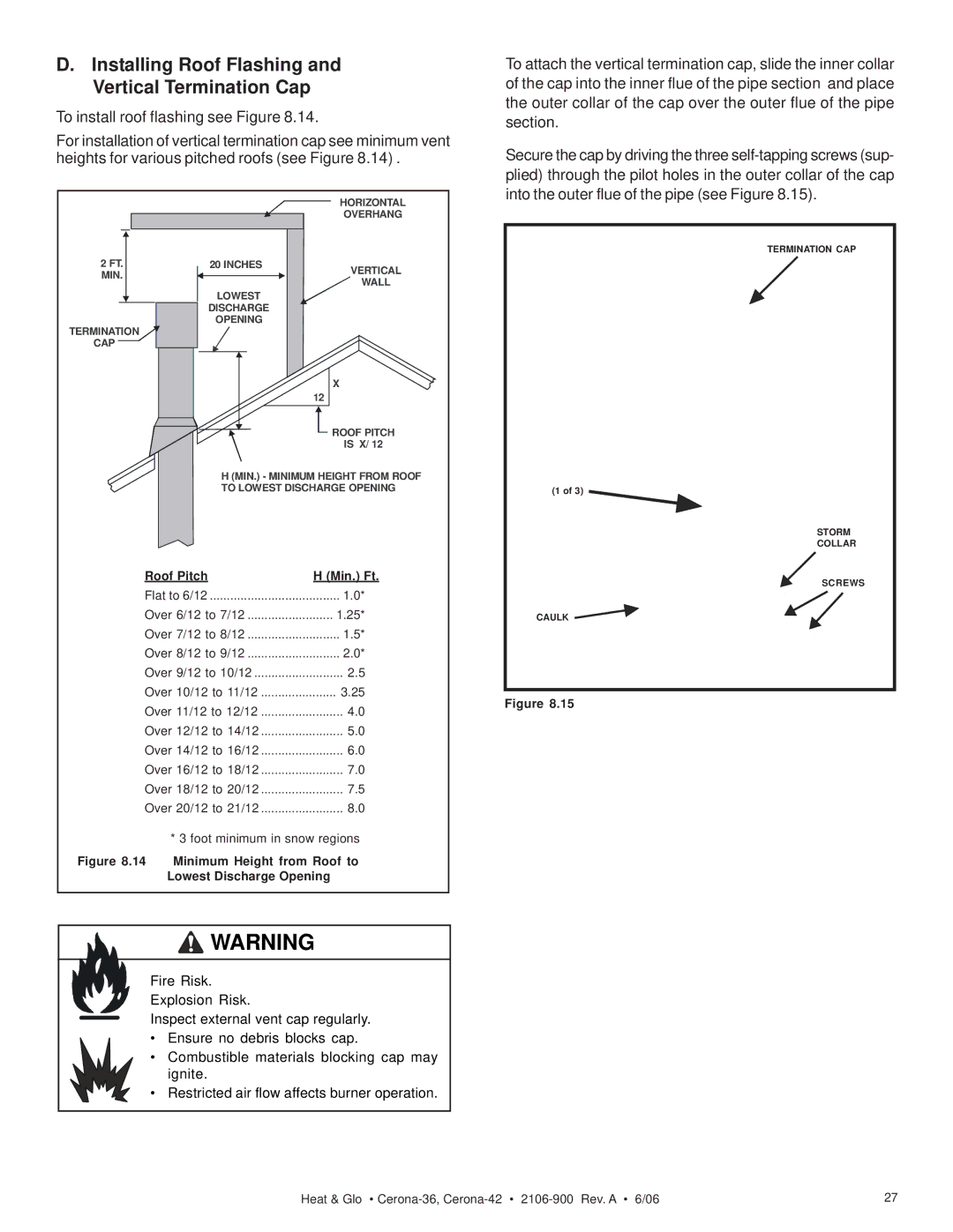 Heat & Glo LifeStyle CERONA-36, CERONA-42 owner manual Installing Roof Flashing and Vertical Termination Cap 