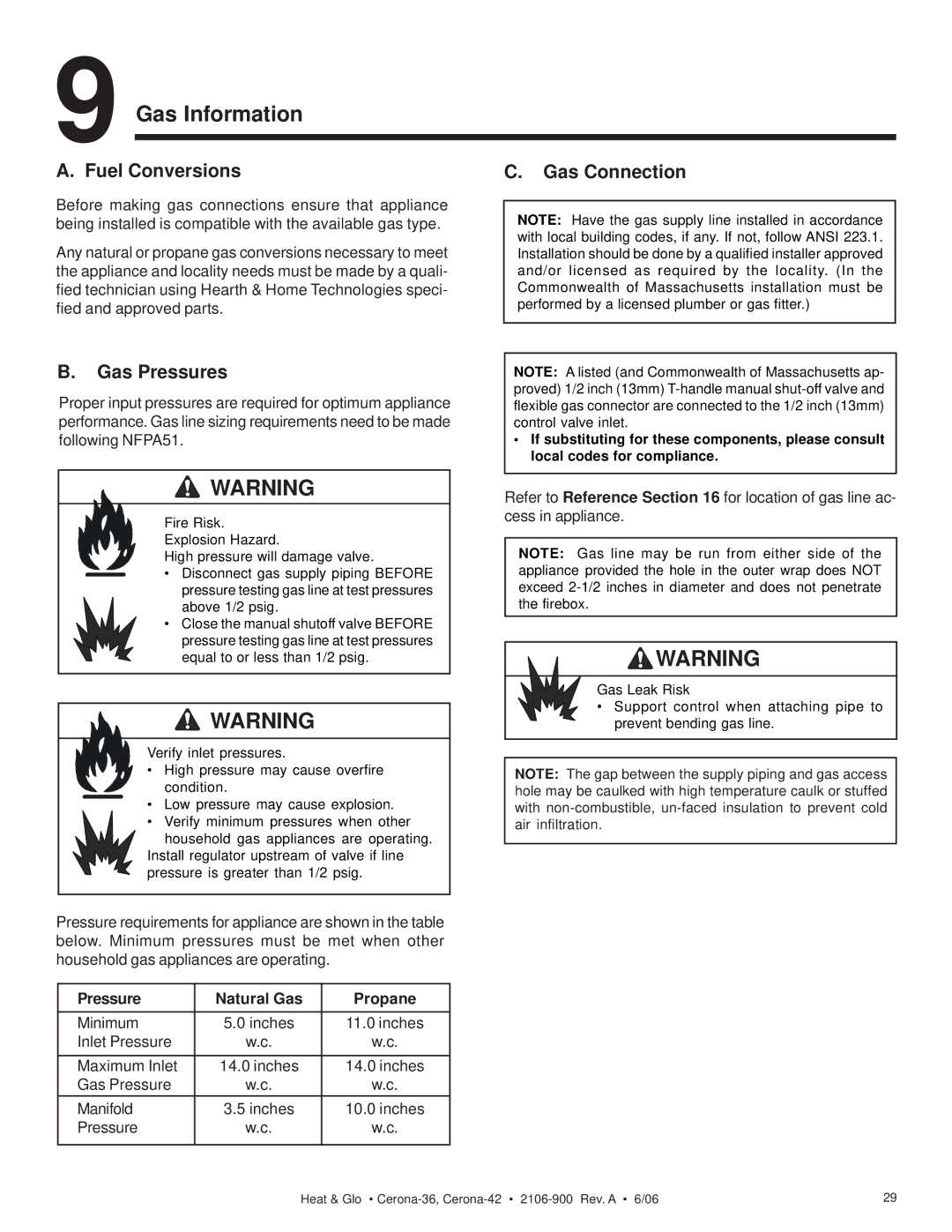 Heat & Glo LifeStyle CERONA-36, CERONA-42 owner manual Gas Information, Fuel Conversions Gas Connection, Gas Pressures 