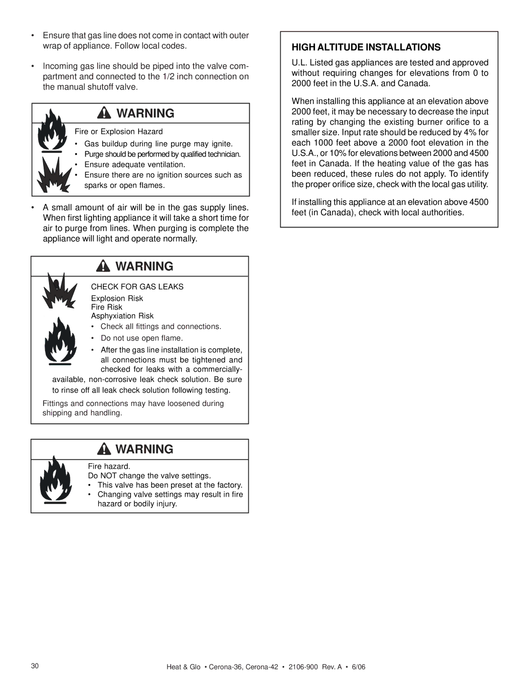 Heat & Glo LifeStyle CERONA-42, CERONA-36 owner manual High Altitude Installations 
