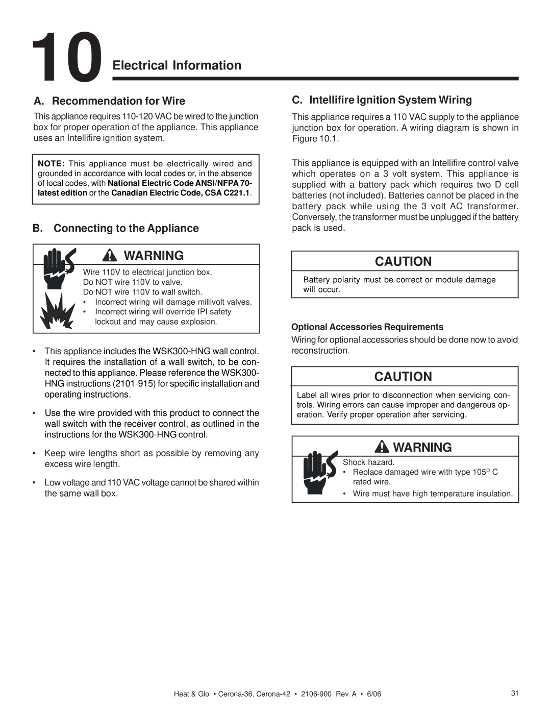 Heat & Glo LifeStyle CERONA-36 Electrical Information, Recommendation for Wire, Optional Accessories Requirements 