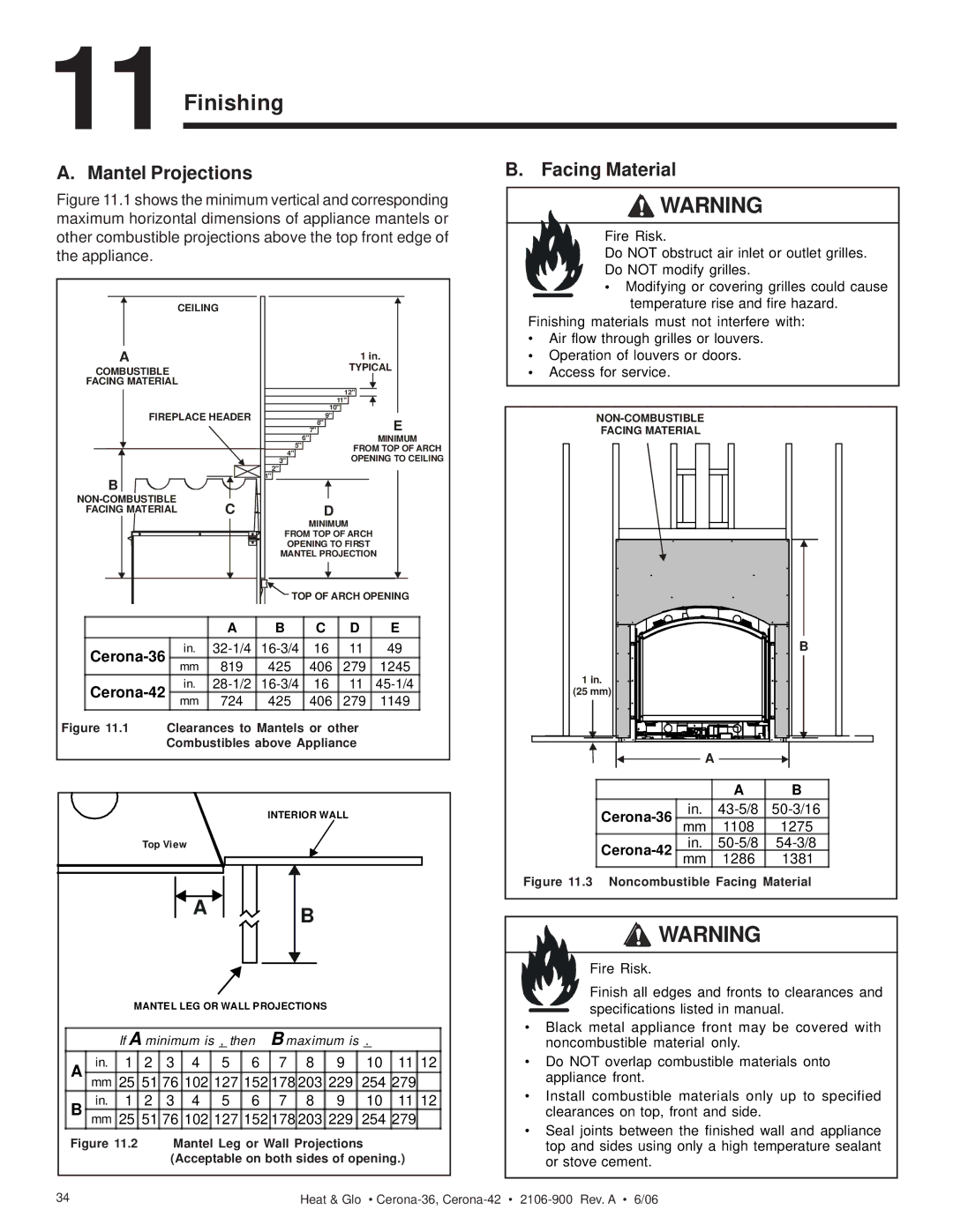 Heat & Glo LifeStyle CERONA-42, CERONA-36 owner manual 11Finishing, Facing Material 