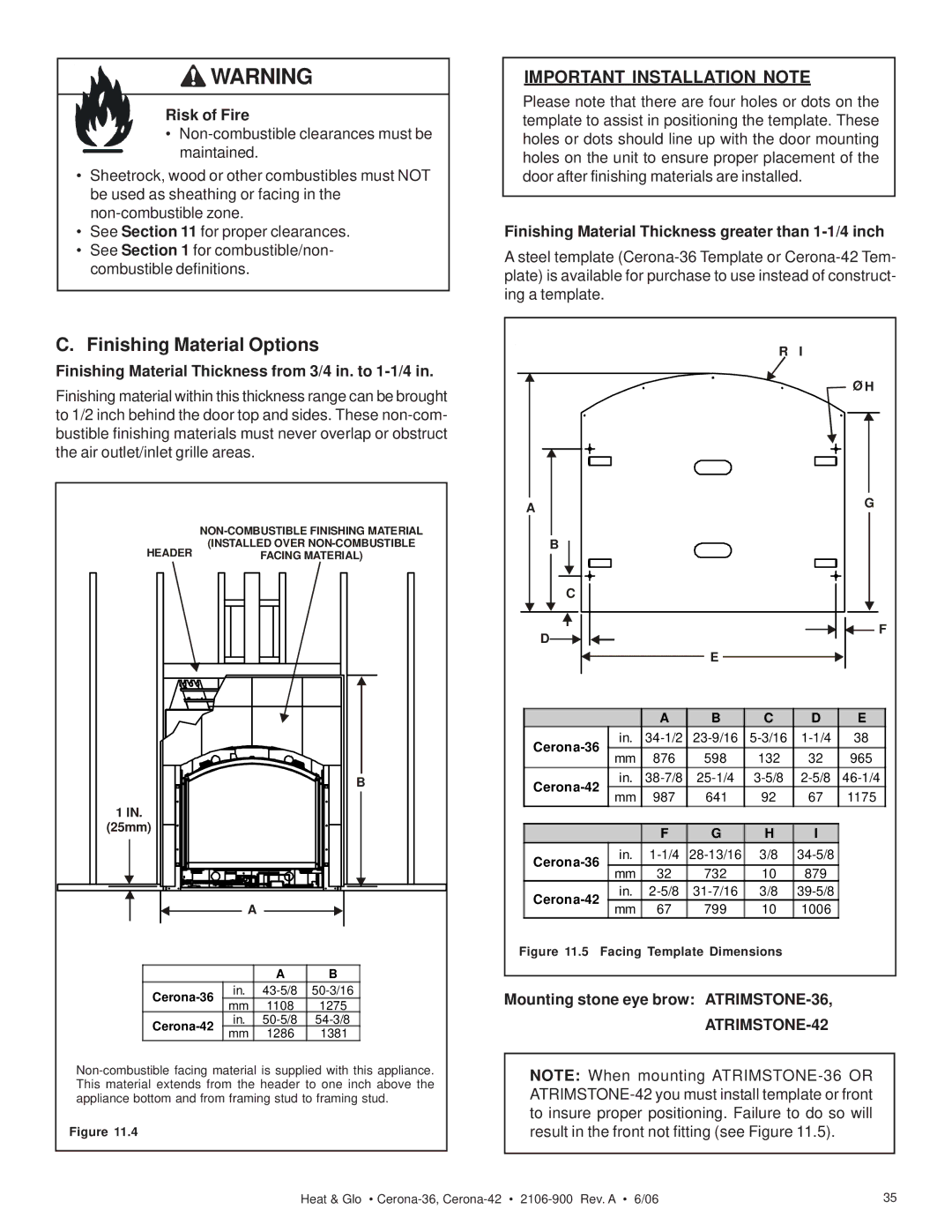 Heat & Glo LifeStyle CERONA-36, CERONA-42 owner manual Finishing Material Options, Risk of Fire 