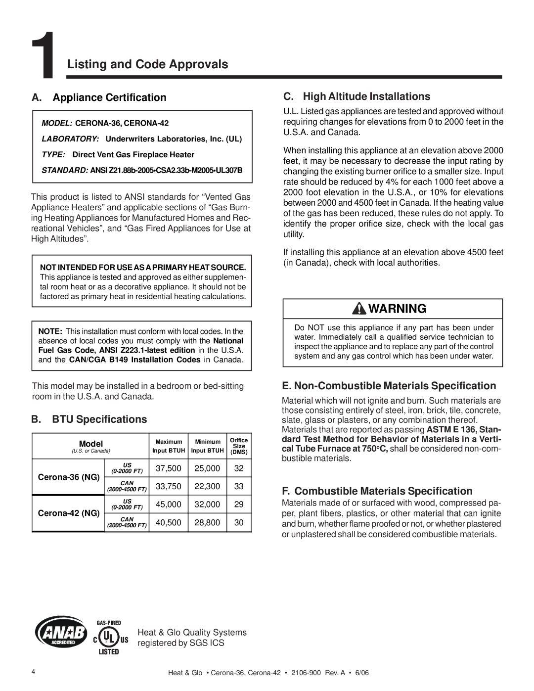 Heat & Glo LifeStyle CERONA-42, CERONA-36 1Listing and Code Approvals, High Altitude Installations, BTU Specifications 