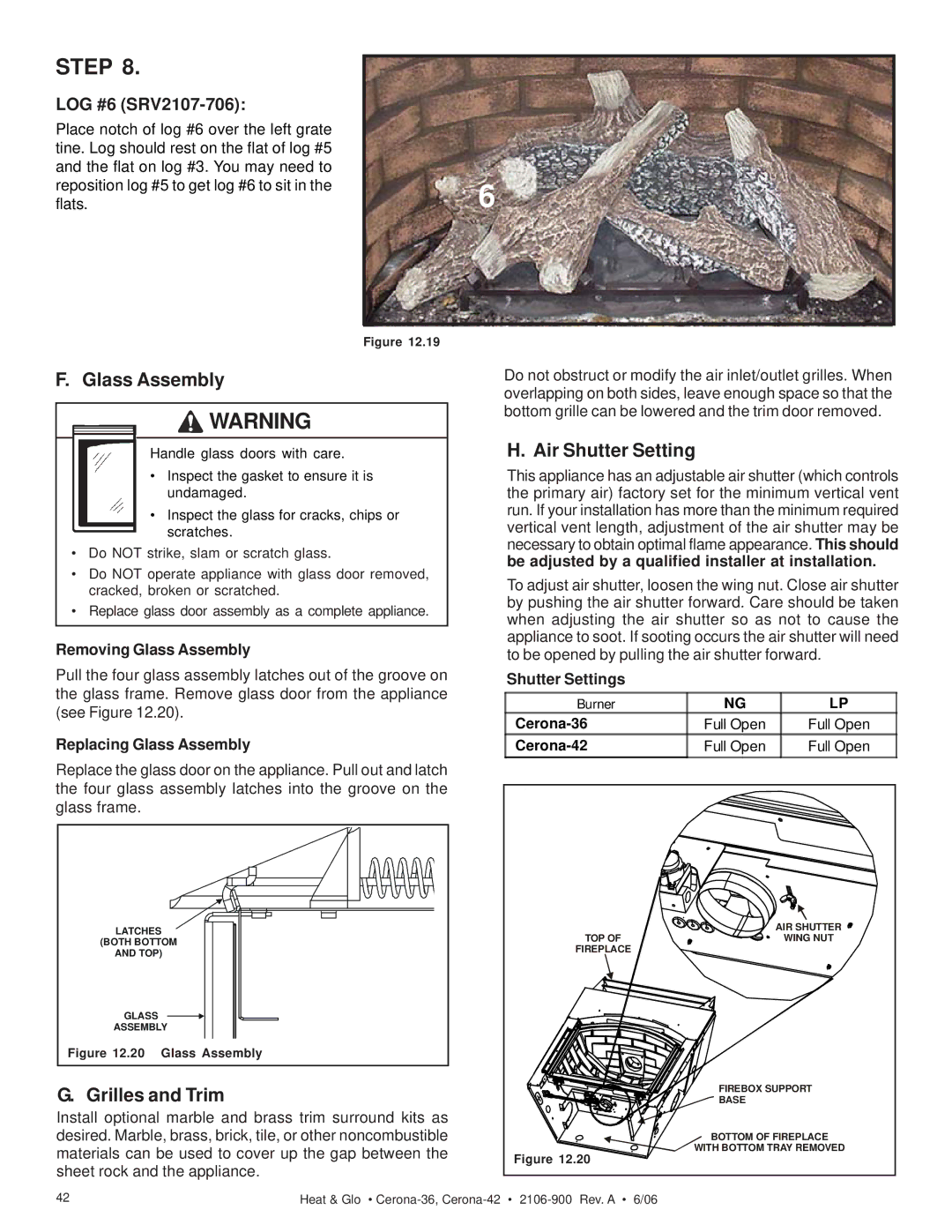 Heat & Glo LifeStyle CERONA-42, CERONA-36 owner manual Glass Assembly, Grilles and Trim, Air Shutter Setting 