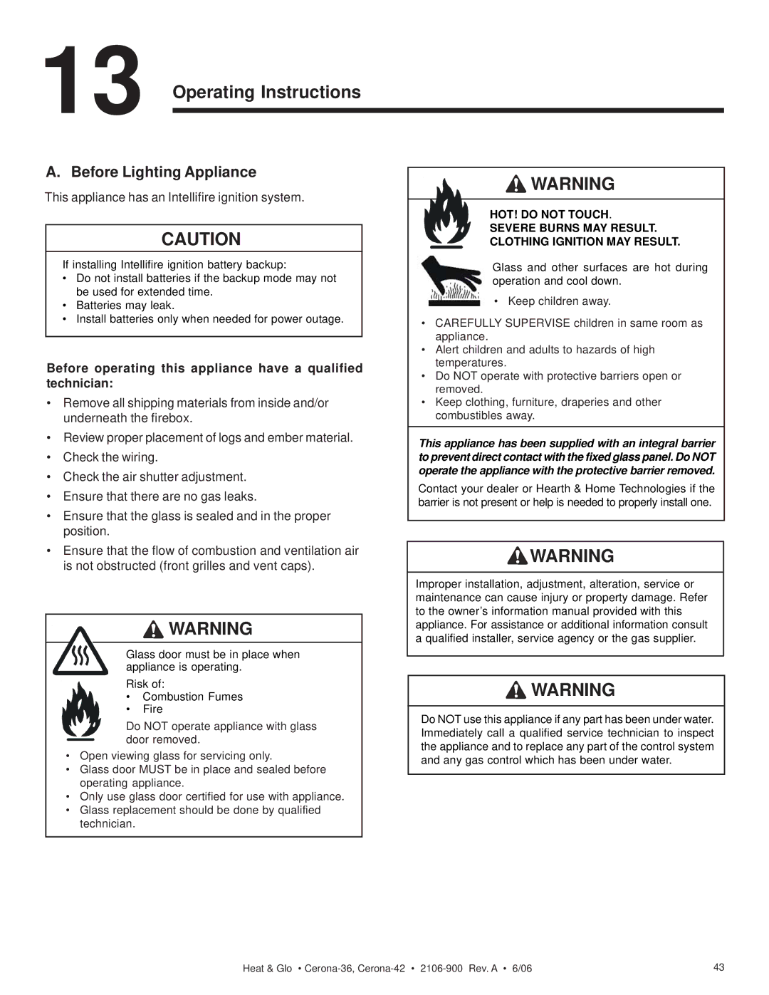 Heat & Glo LifeStyle CERONA-36, CERONA-42 owner manual Operating Instructions, Before Lighting Appliance 