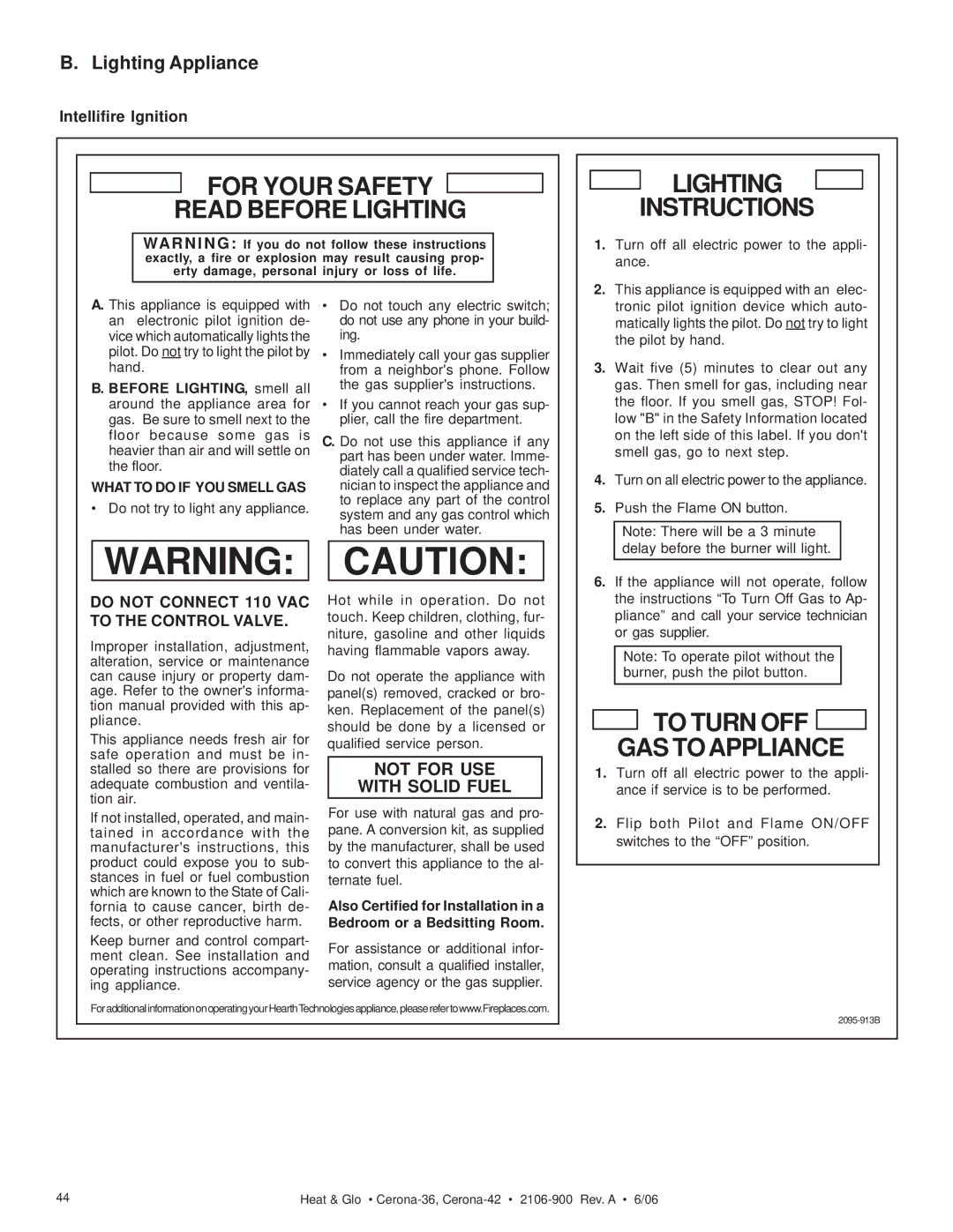 Heat & Glo LifeStyle CERONA-42, CERONA-36 owner manual Lighting Appliance, Intellifire Ignition 