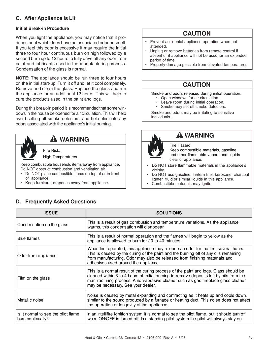 Heat & Glo LifeStyle CERONA-36, CERONA-42 After Appliance is Lit, Frequently Asked Questions, Initial Break-in Procedure 