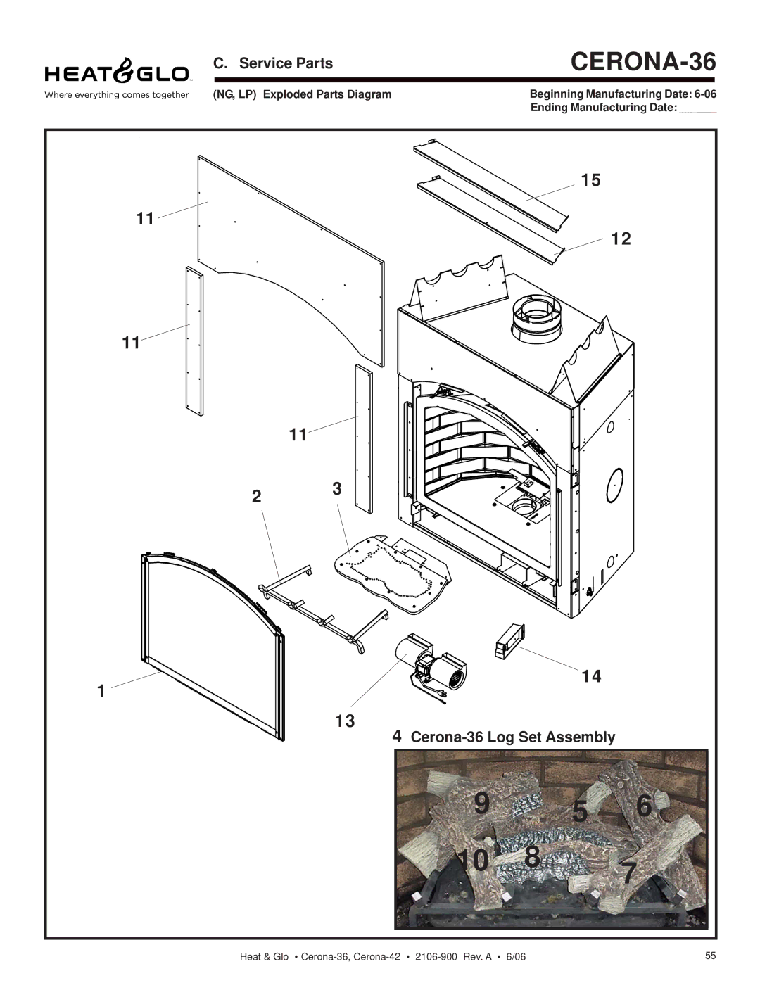 Heat & Glo LifeStyle CERONA-36, CERONA-42 owner manual Service Parts, Cerona-36 Log Set Assembly 