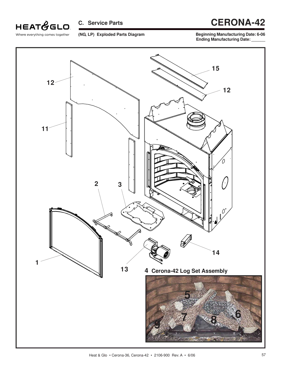 Heat & Glo LifeStyle CERONA-36 owner manual CERONA-42, Cerona-42 Log Set Assembly 