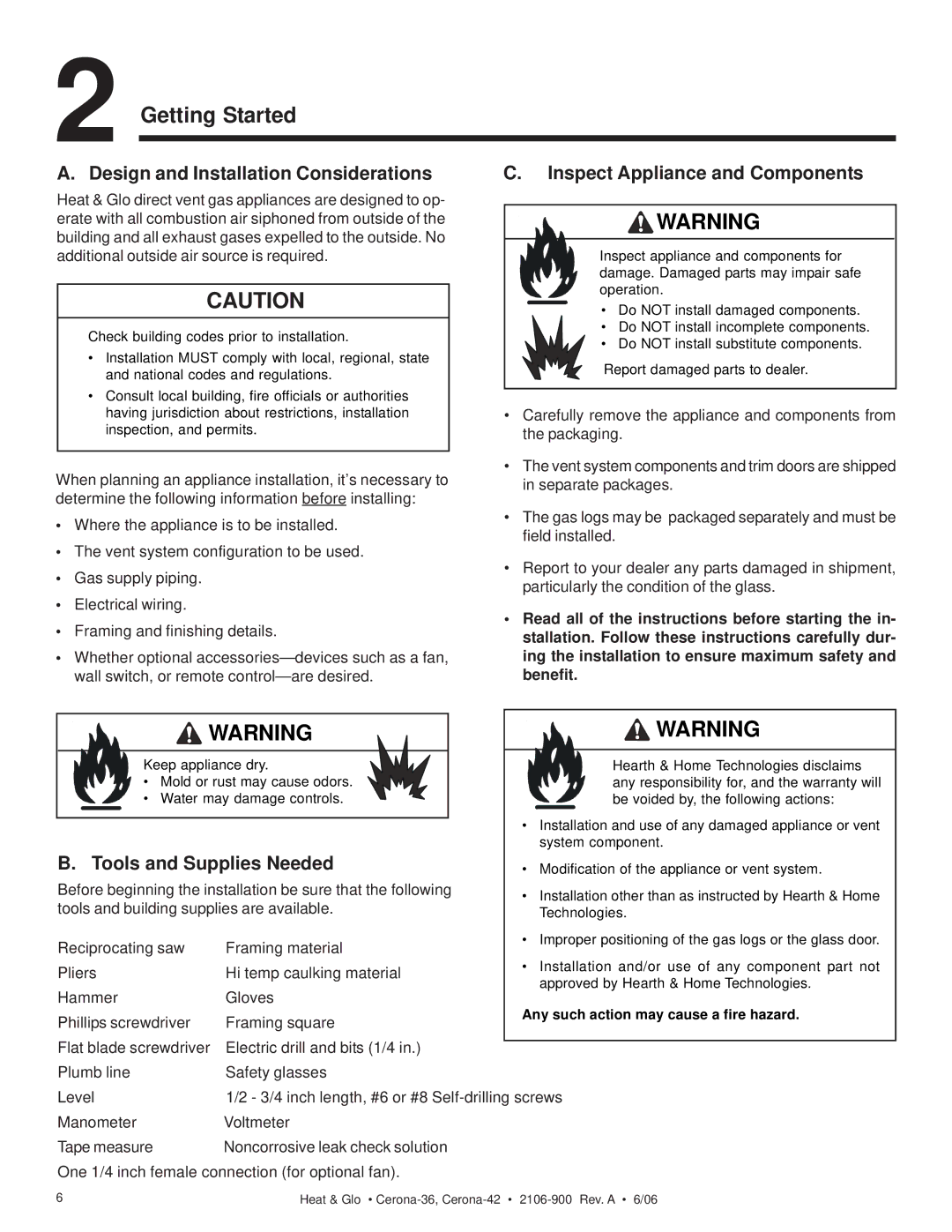Heat & Glo LifeStyle CERONA-42 Getting Started, Design and Installation Considerations, Inspect Appliance and Components 