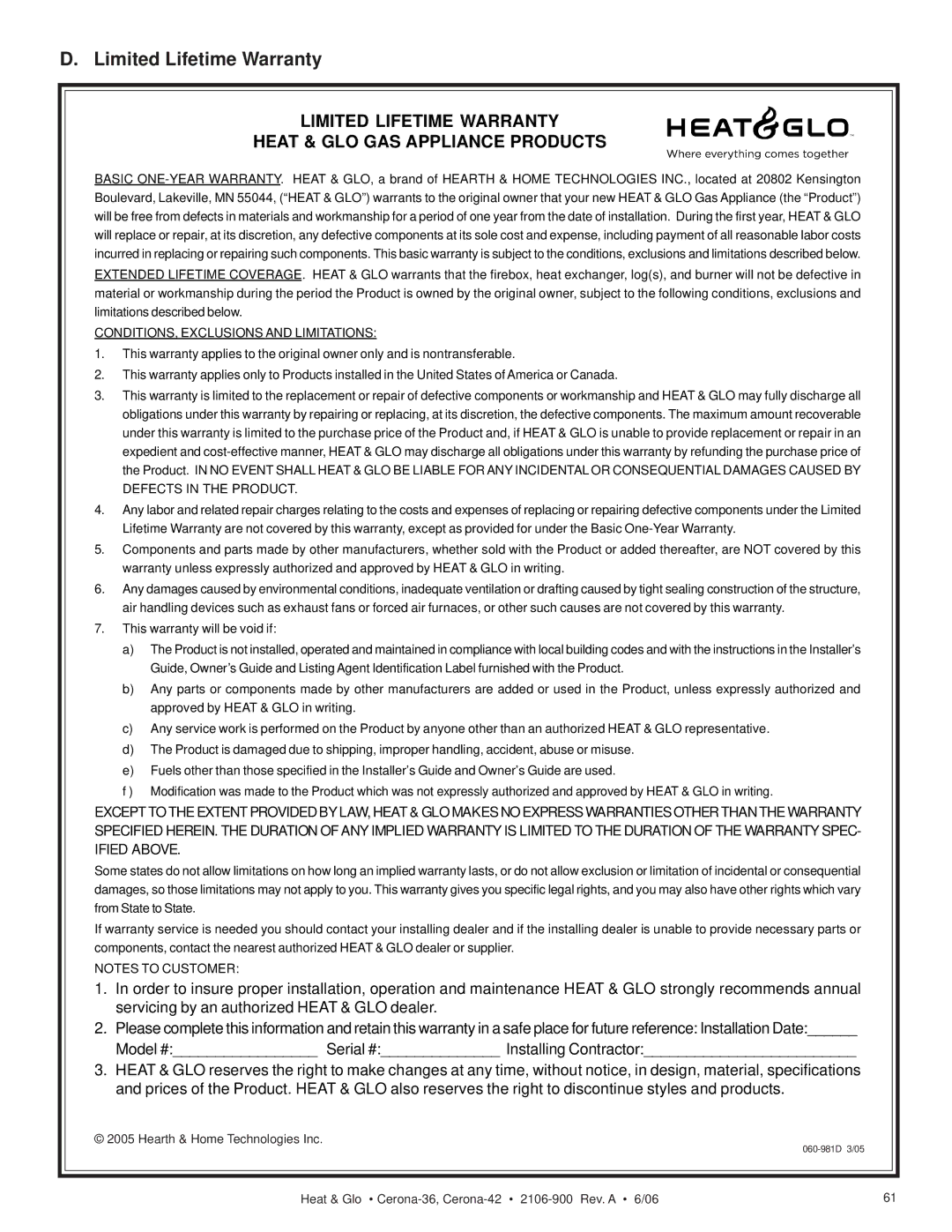 Heat & Glo LifeStyle CERONA-36, CERONA-42 owner manual Limited Lifetime Warranty Heat & GLO GAS Appliance Products 