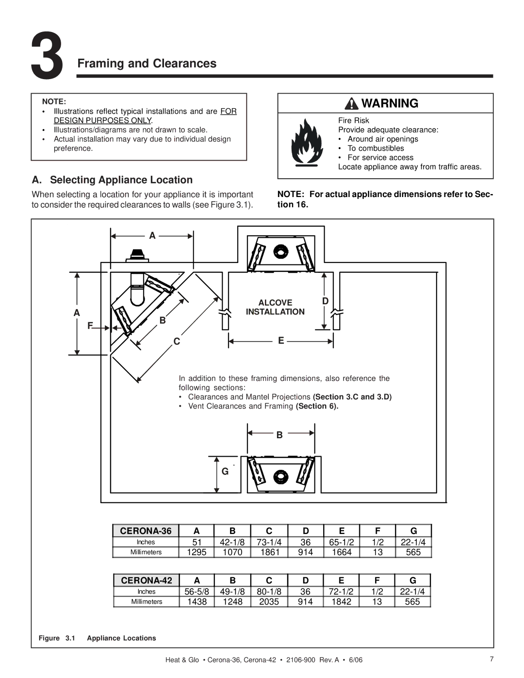 Heat & Glo LifeStyle CERONA-36, CERONA-42 owner manual Framing and Clearances, Selecting Appliance Location 