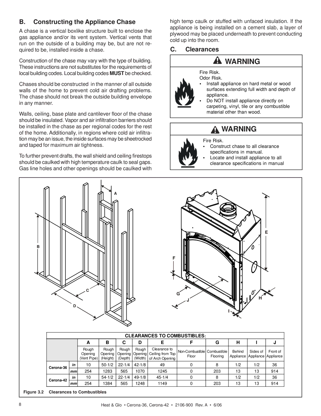 Heat & Glo LifeStyle CERONA-42, CERONA-36 owner manual Constructing the Appliance Chase, Clearances 