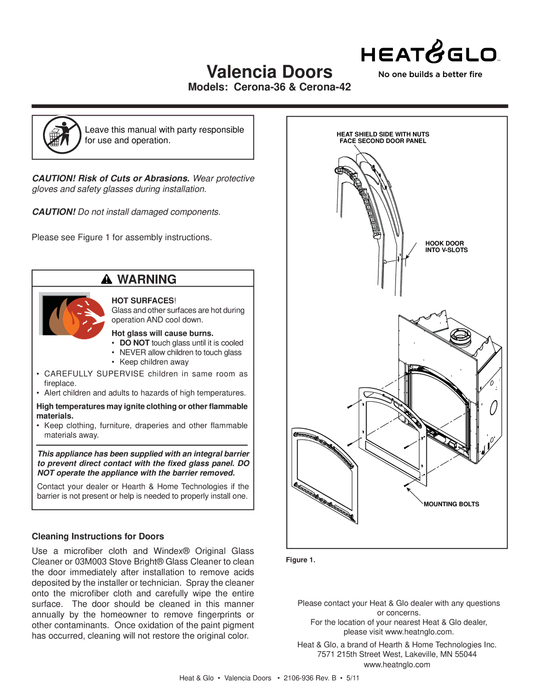 Heat & Glo LifeStyle CERONA-36 manual Valencia Doors, Models Cerona-36 & Cerona-42, Please see for assembly instructions 