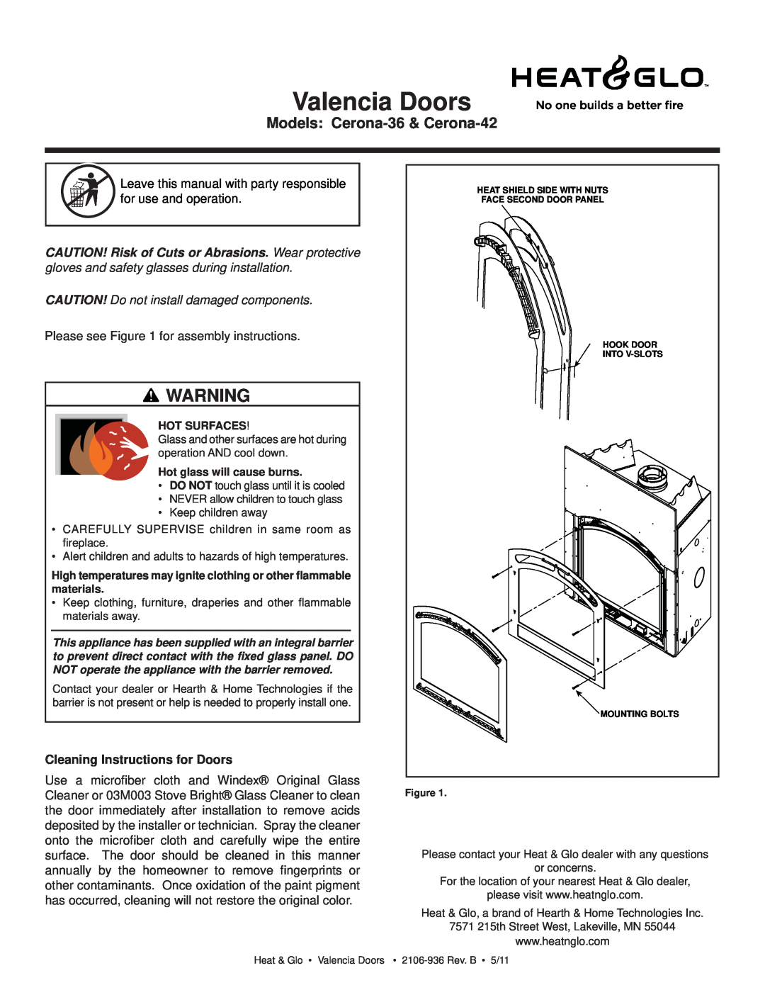 Heat & Glo LifeStyle CERONA-36 manual Valencia Doors, Models Cerona-36& Cerona-42, Please see for assembly instructions 