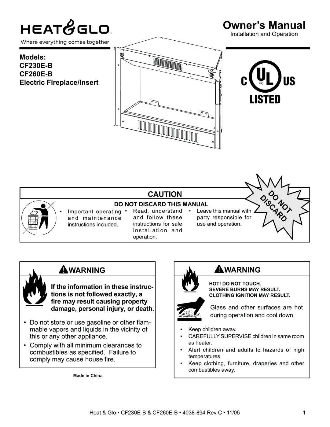 Heat & Glo LifeStyle owner manual Models CF230E-B CF260E-B Electric Fireplace/Insert 