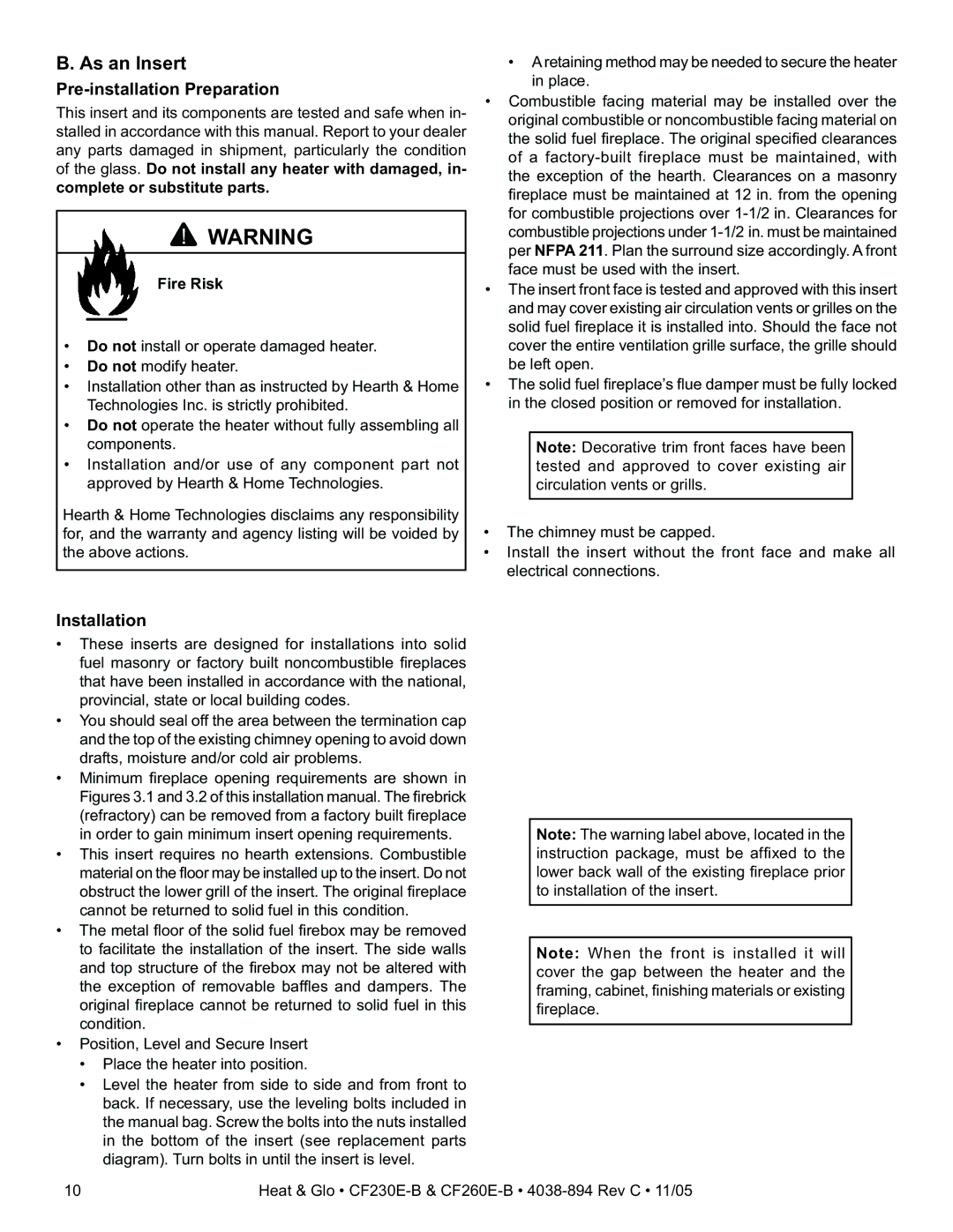 Heat & Glo LifeStyle CF230E-B, CF260E-B owner manual As an Insert, Pre-installation Preparation 