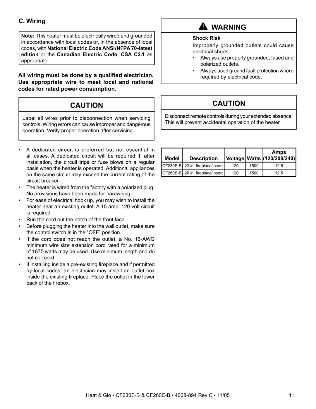 Heat & Glo LifeStyle CF260E-B, CF230E-B owner manual Wiring, Amps, Description, Watts 120/208/240 