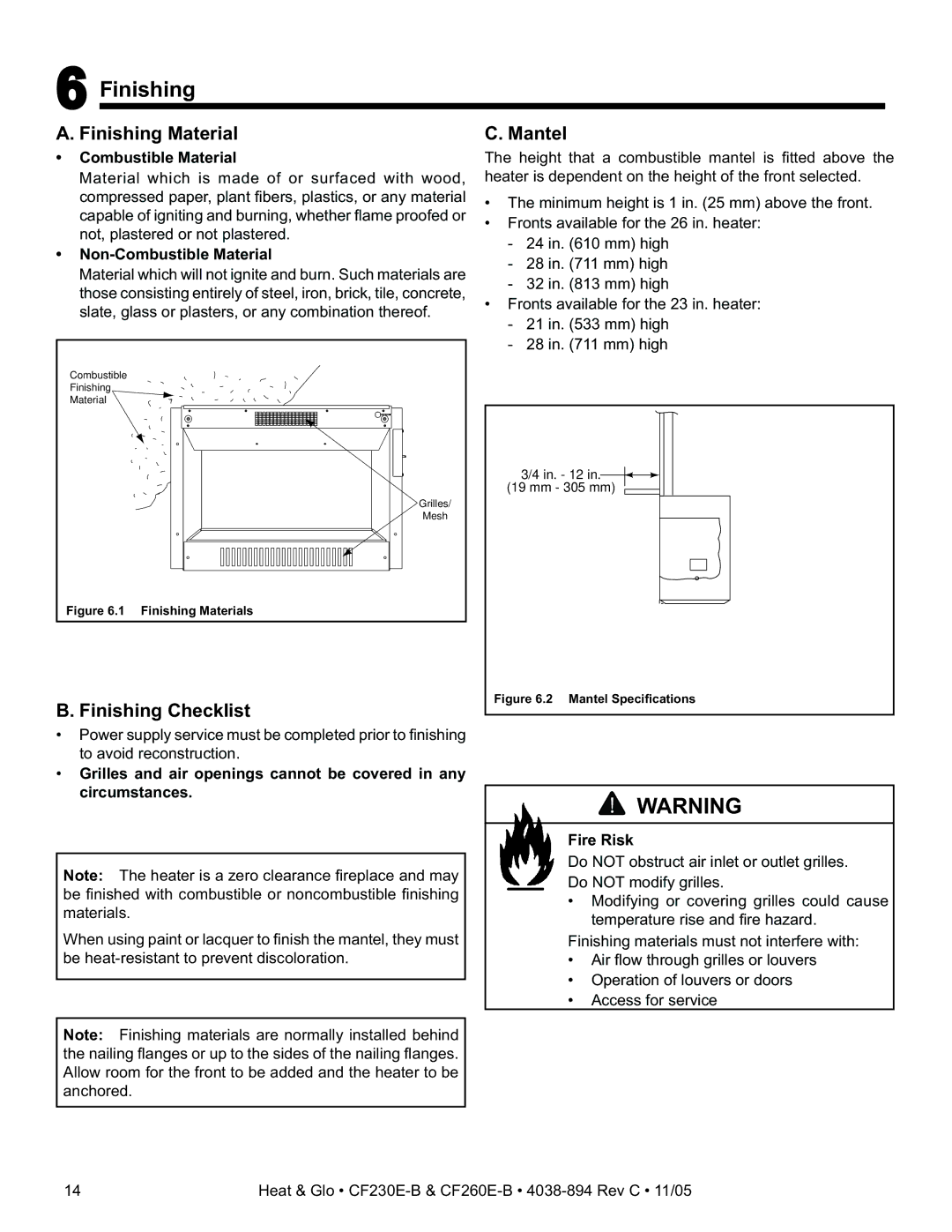 Heat & Glo LifeStyle CF230E-B, CF260E-B owner manual Finishing Material, Finishing Checklist, Mantel 