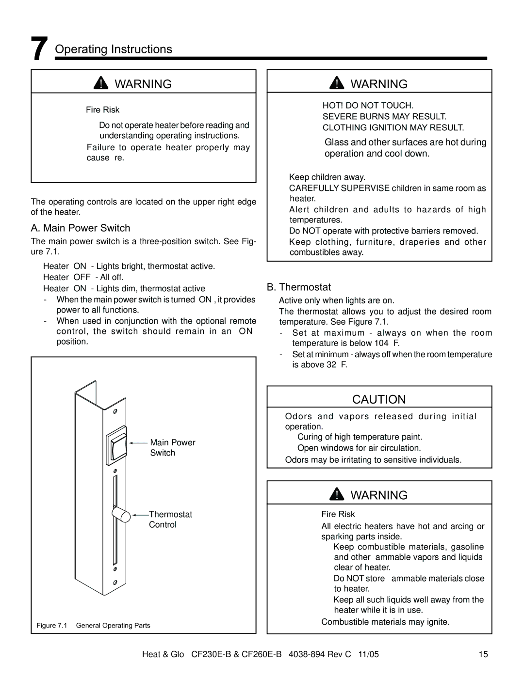 Heat & Glo LifeStyle CF260E-B, CF230E-B owner manual Operating Instructions, Main Power Switch, Thermostat 