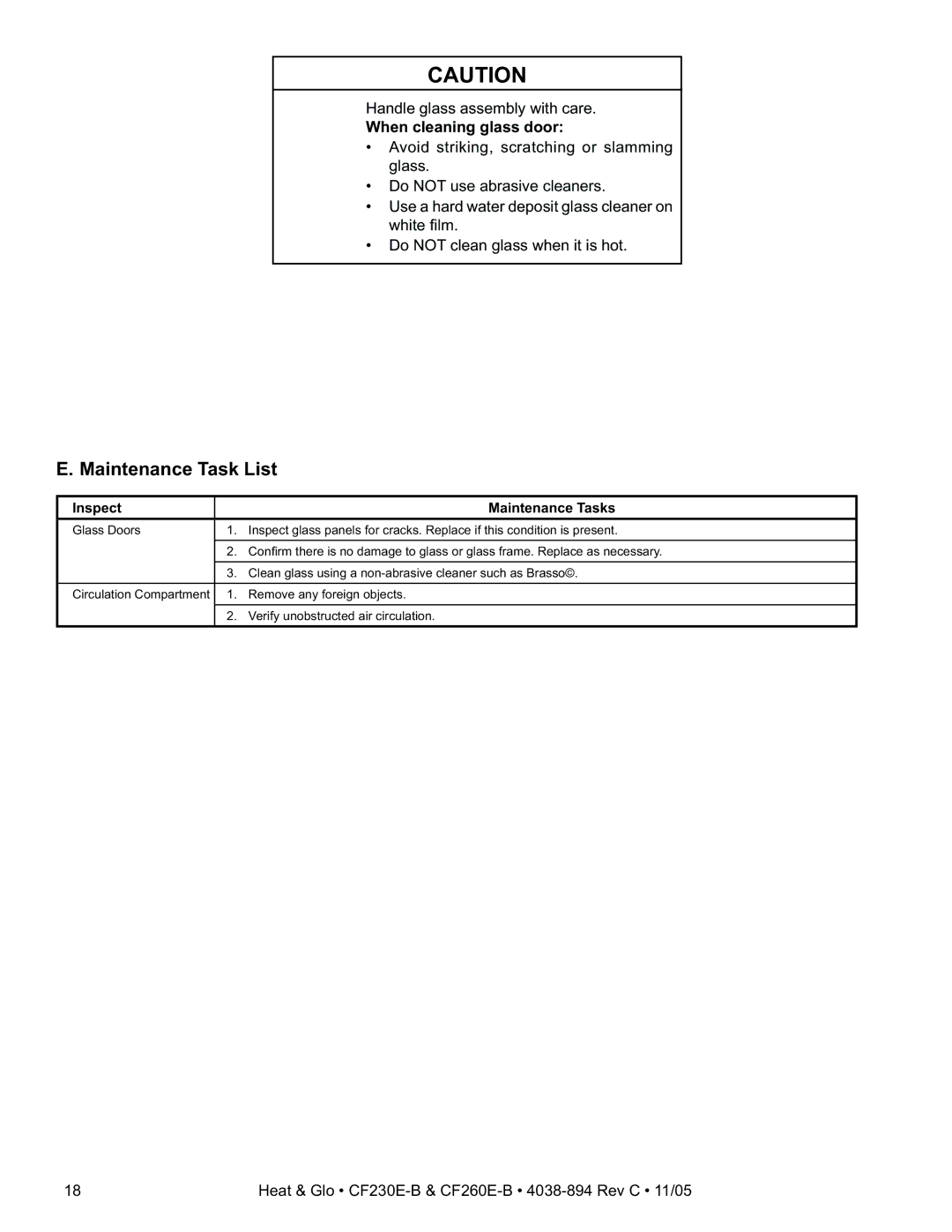 Heat & Glo LifeStyle CF230E-B, CF260E-B owner manual Maintenance Task List, When cleaning glass door 