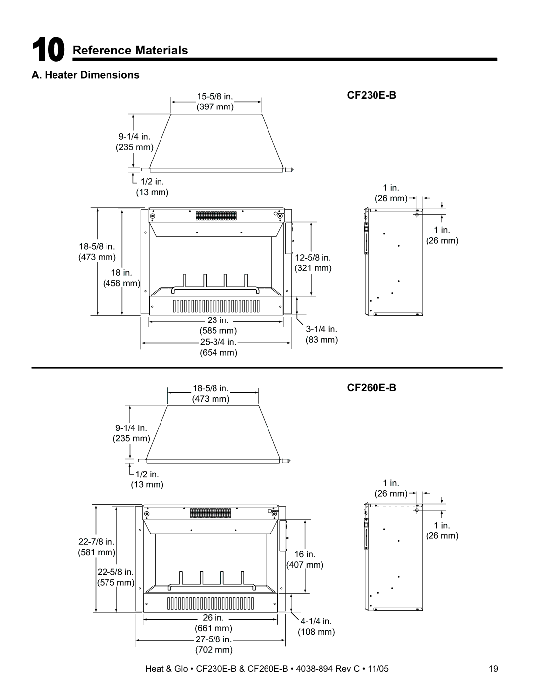 Heat & Glo LifeStyle CF260E-B, CF230E-B owner manual Reference Materials, Heater Dimensions 