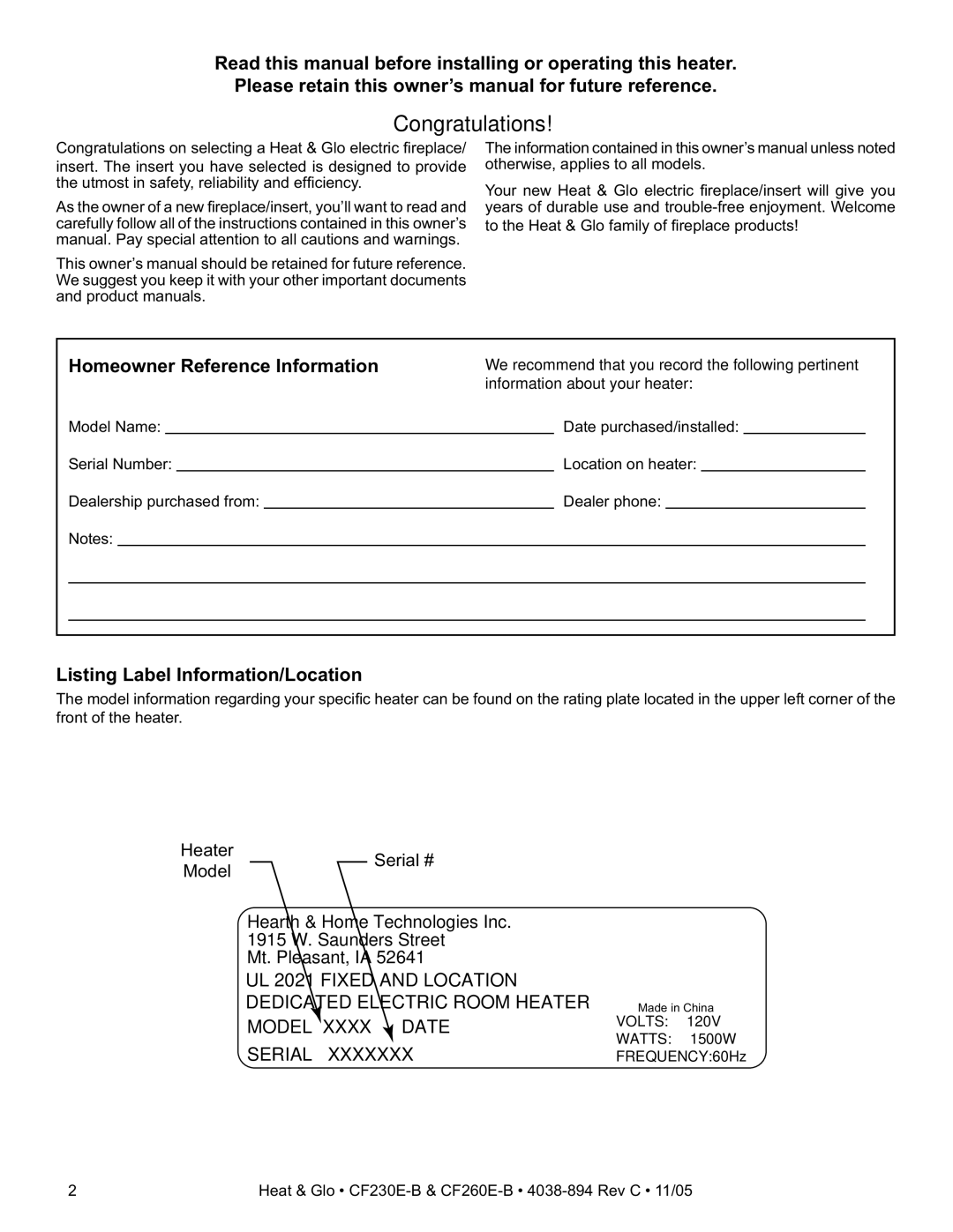 Heat & Glo LifeStyle CF230E-B, CF260E-B owner manual Homeowner Reference Information, Listing Label Information/Location 