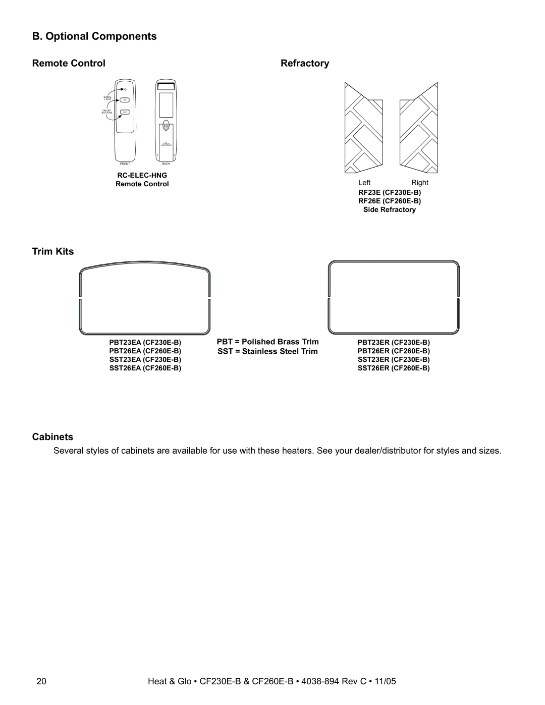 Heat & Glo LifeStyle CF230E-B, CF260E-B owner manual Optional Components, Remote Control 