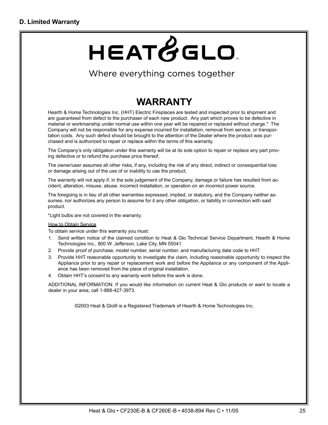 Heat & Glo LifeStyle CF260E-B, CF230E-B owner manual Limited Warranty 