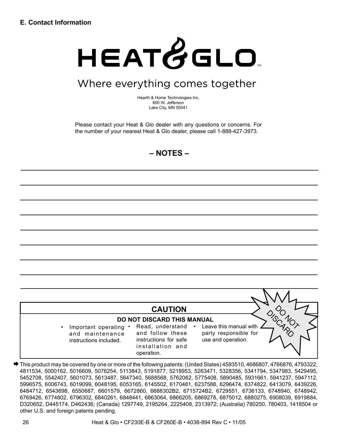 Heat & Glo LifeStyle CF230E-B, CF260E-B owner manual Contact Information 