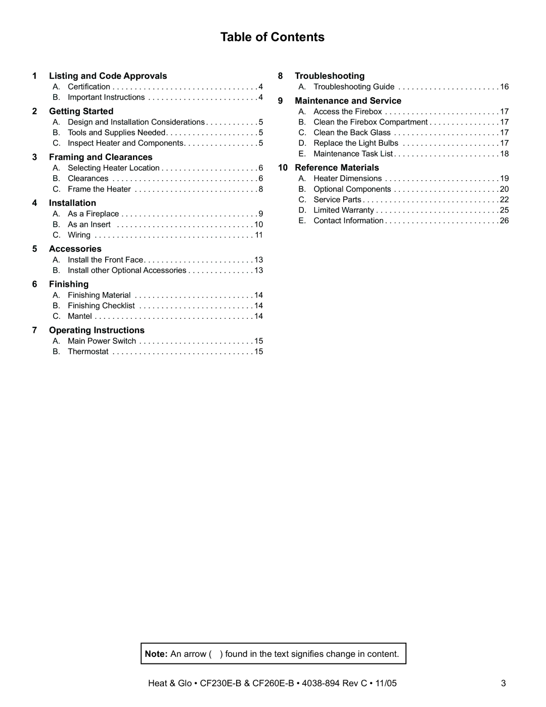 Heat & Glo LifeStyle CF260E-B, CF230E-B owner manual Table of Contents 