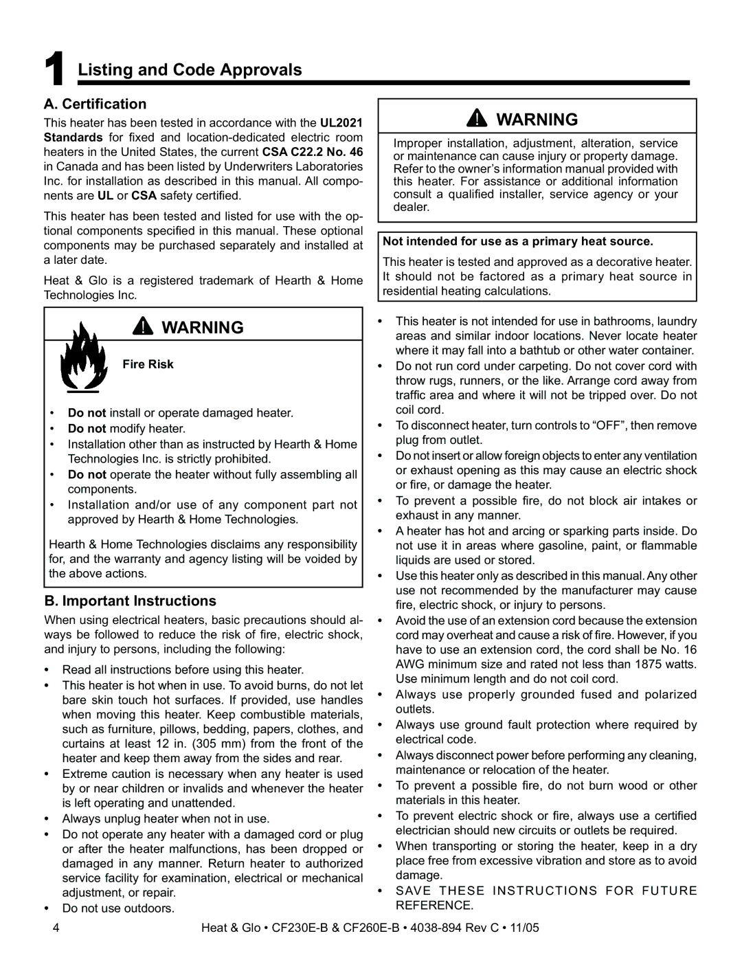 Heat & Glo LifeStyle CF230E-B, CF260E-B Listing and Code Approvals, Certiﬁcation, Important Instructions, Fire Risk 