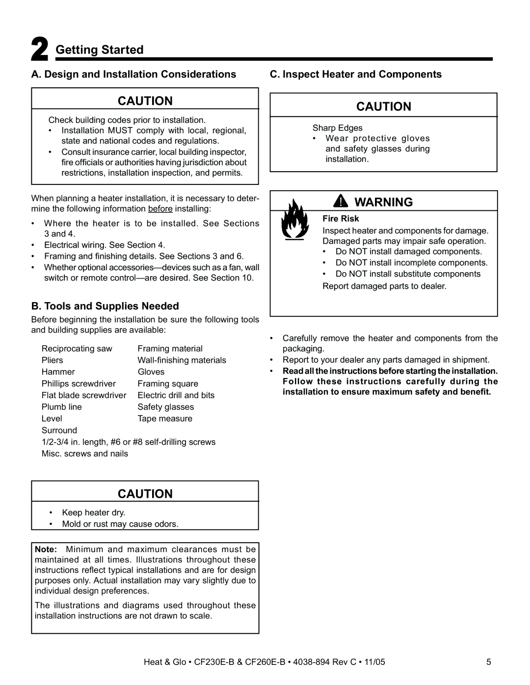 Heat & Glo LifeStyle CF260E-B, CF230E-B owner manual Getting Started, Tools and Supplies Needed 