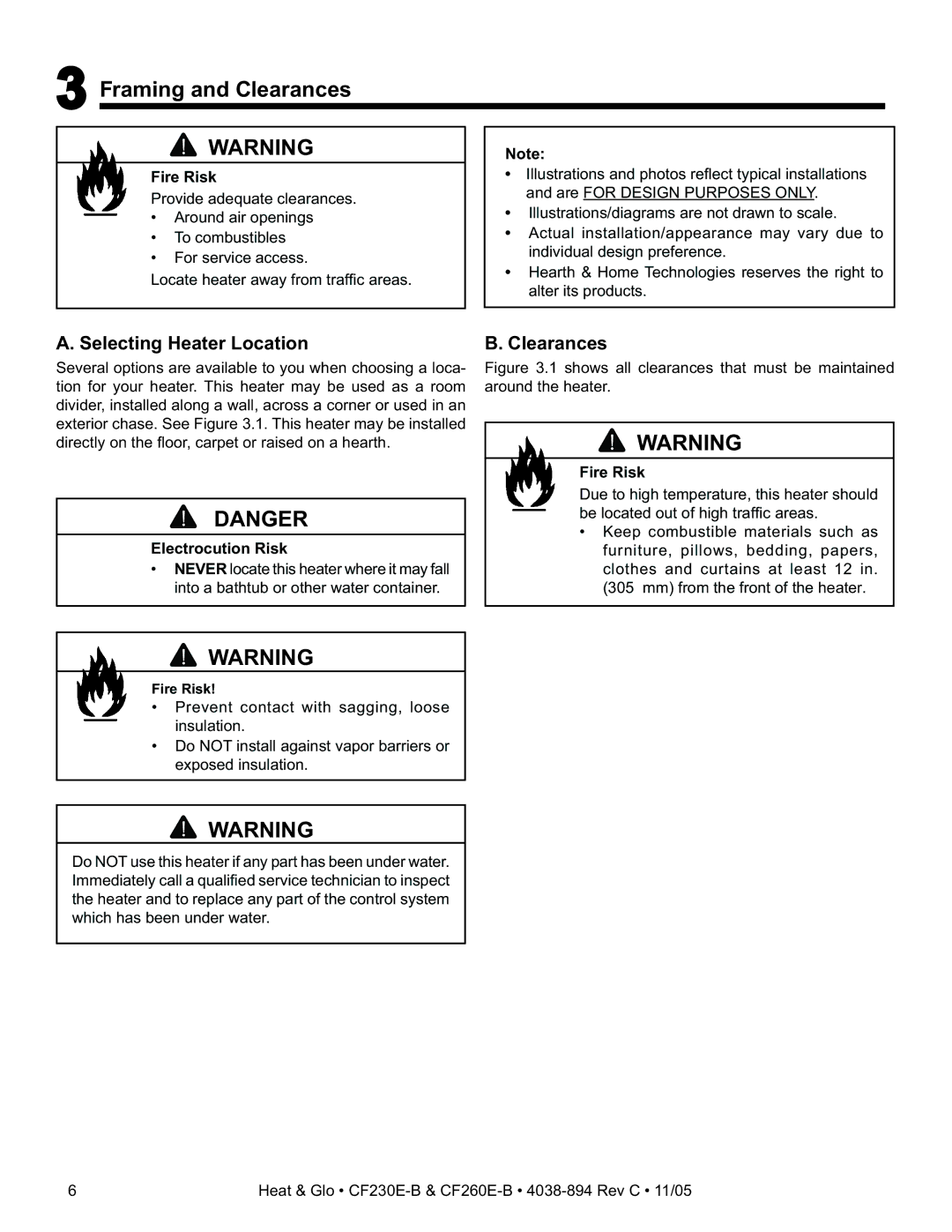 Heat & Glo LifeStyle CF230E-B, CF260E-B owner manual Framing and Clearances, Selecting Heater Location, Electrocution Risk 
