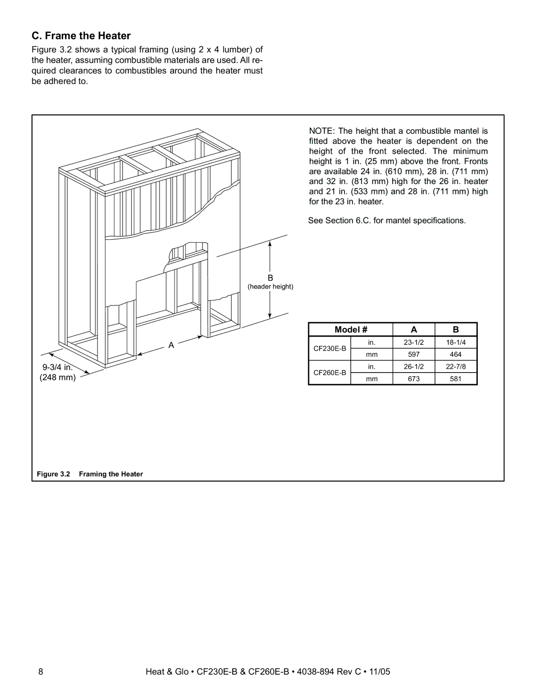 Heat & Glo LifeStyle CF230E-B, CF260E-B owner manual Frame the Heater, Framing the Heater 