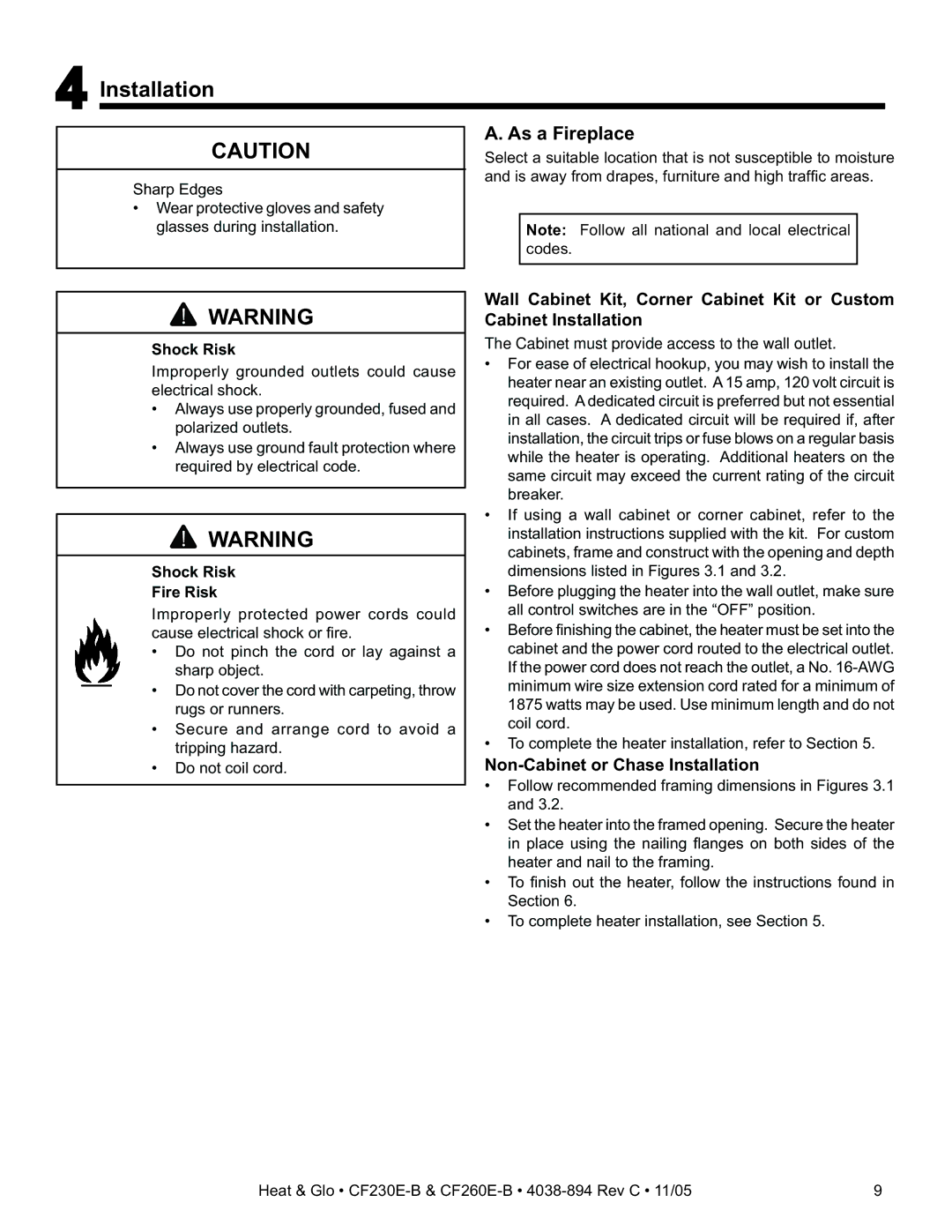 Heat & Glo LifeStyle CF260E-B, CF230E-B owner manual Installation, As a Fireplace, Shock Risk Fire Risk 