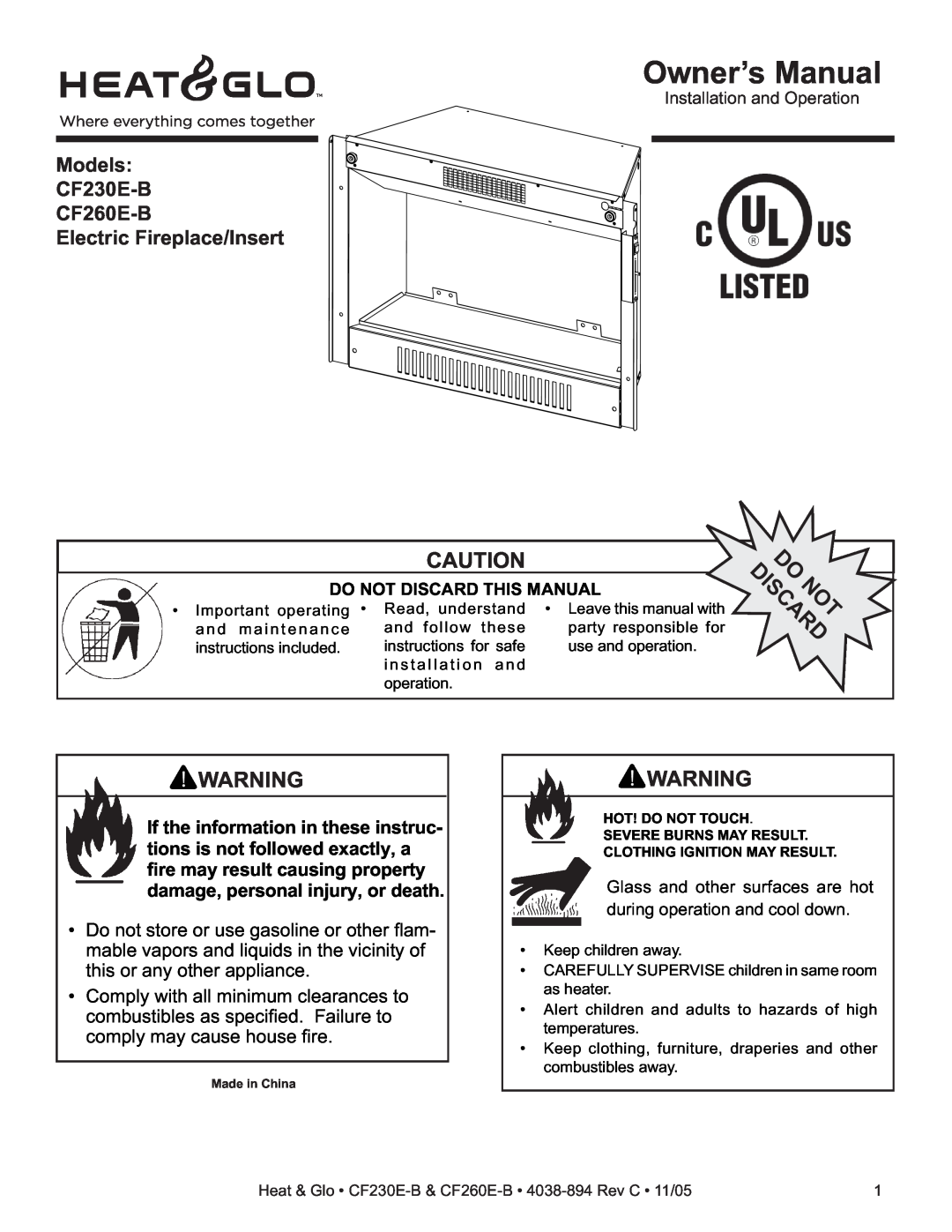 Heat & Glo LifeStyle owner manual Models CF230E-B CF260E-B, Electric Fireplace/Insert 