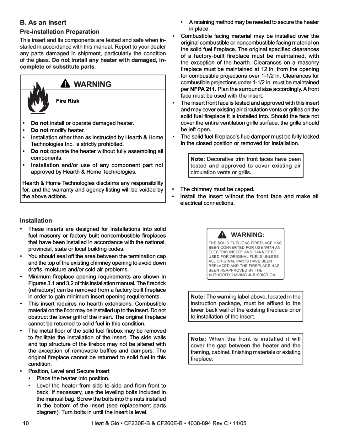 Heat & Glo LifeStyle CF230E-B, CF260E-B owner manual B. As an Insert, Pre-installationPreparation, Installation, Fire Risk 