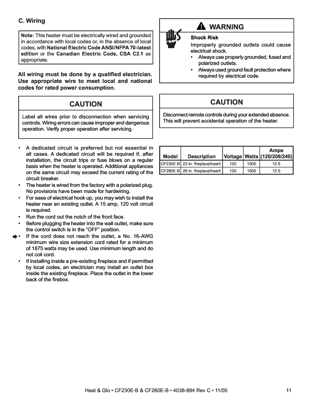 Heat & Glo LifeStyle CF260E-B, CF230E-B owner manual C. Wiring, Shock Risk, Amps, Description, Watts, 120/208/240 