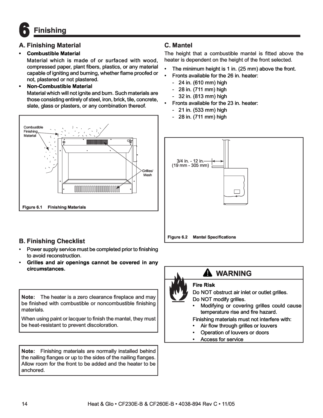 Heat & Glo LifeStyle CF230E-B 6Finishing, A. Finishing Material, B. Finishing Checklist, C. Mantel, Combustible Material 