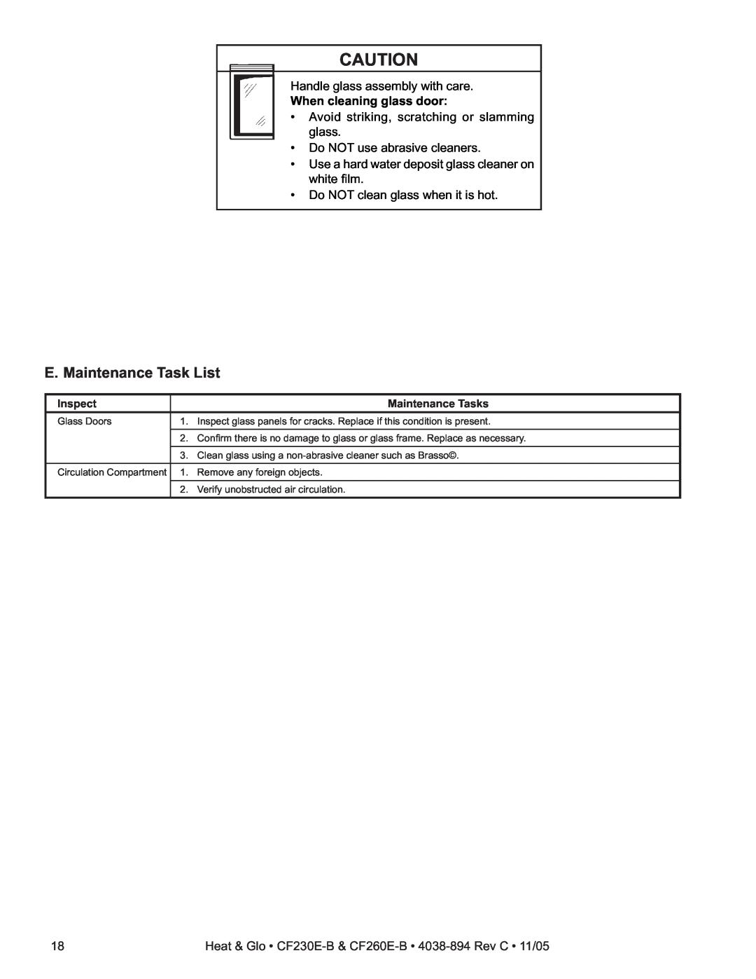 Heat & Glo LifeStyle CF230E-B, CF260E-B owner manual E. Maintenance Task List, When cleaning glass door 