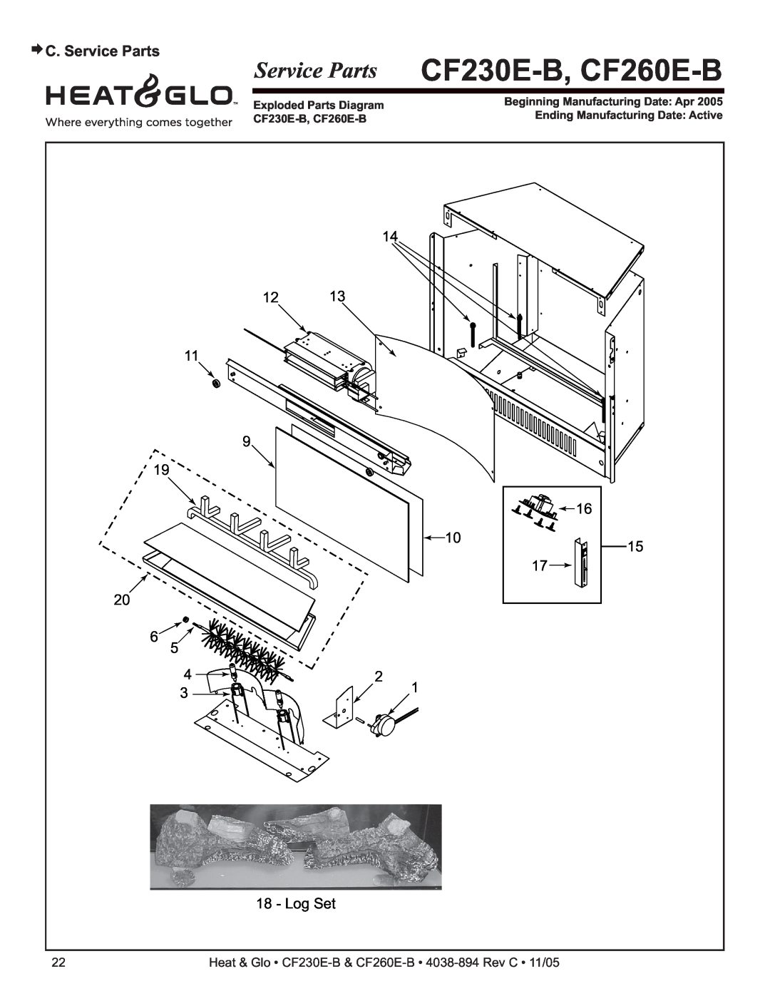Heat & Glo LifeStyle owner manual CF230E-B, CF260E-B, C. Service Parts 