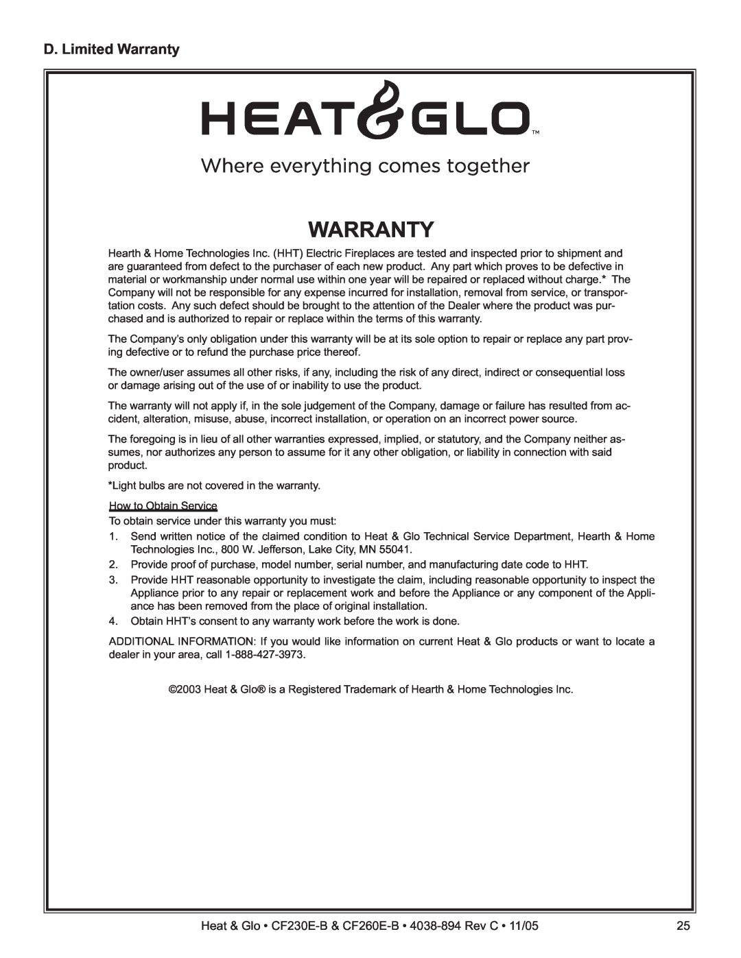 Heat & Glo LifeStyle CF260E-B, CF230E-B owner manual D. Limited Warranty 