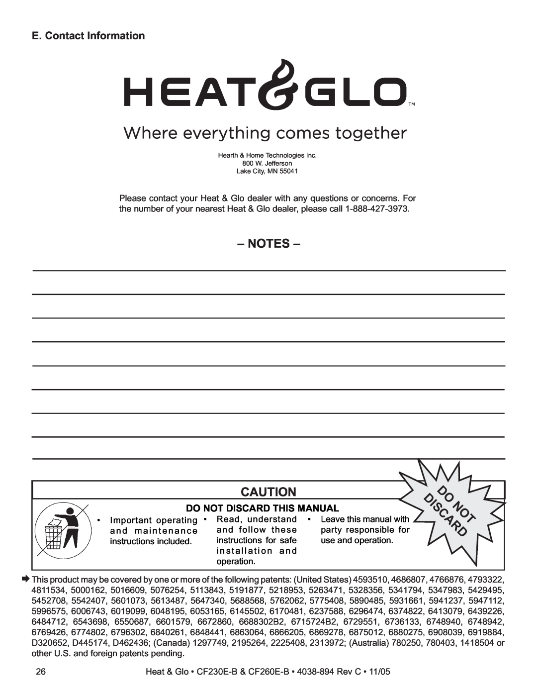 Heat & Glo LifeStyle CF230E-B, CF260E-B owner manual E. Contact Information, Do Not Discard This Manual, Do Discardnot 