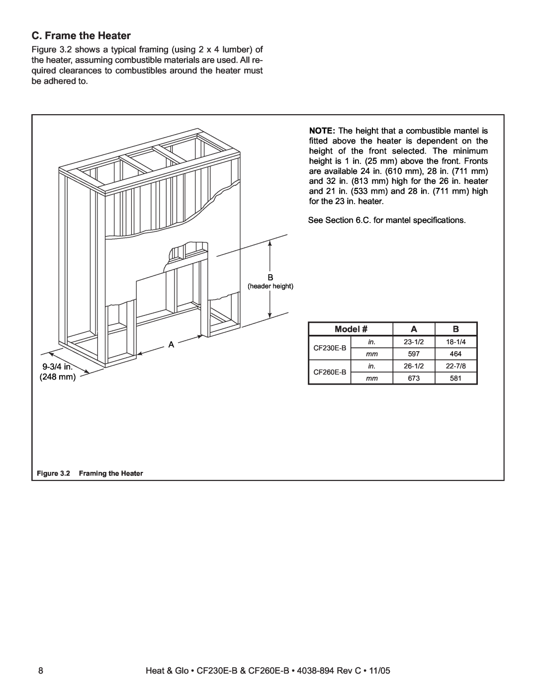 Heat & Glo LifeStyle CF230E-B, CF260E-B owner manual C. Frame the Heater, Model # 