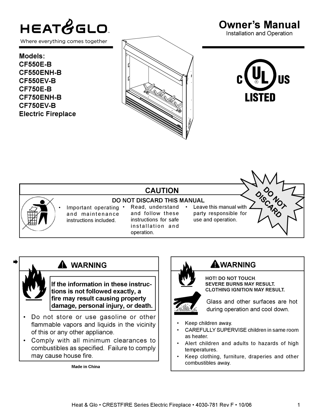 Heat & Glo LifeStyle CF550E-B owner manual CF550ENH-B CF550EV-B 