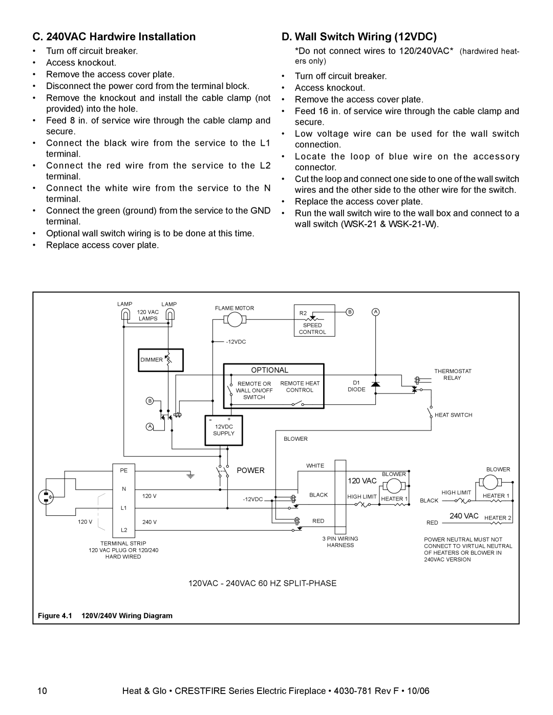 Heat & Glo LifeStyle CF550E-B owner manual 240VAC Hardwire Installation, Wall Switch Wiring 12VDC 