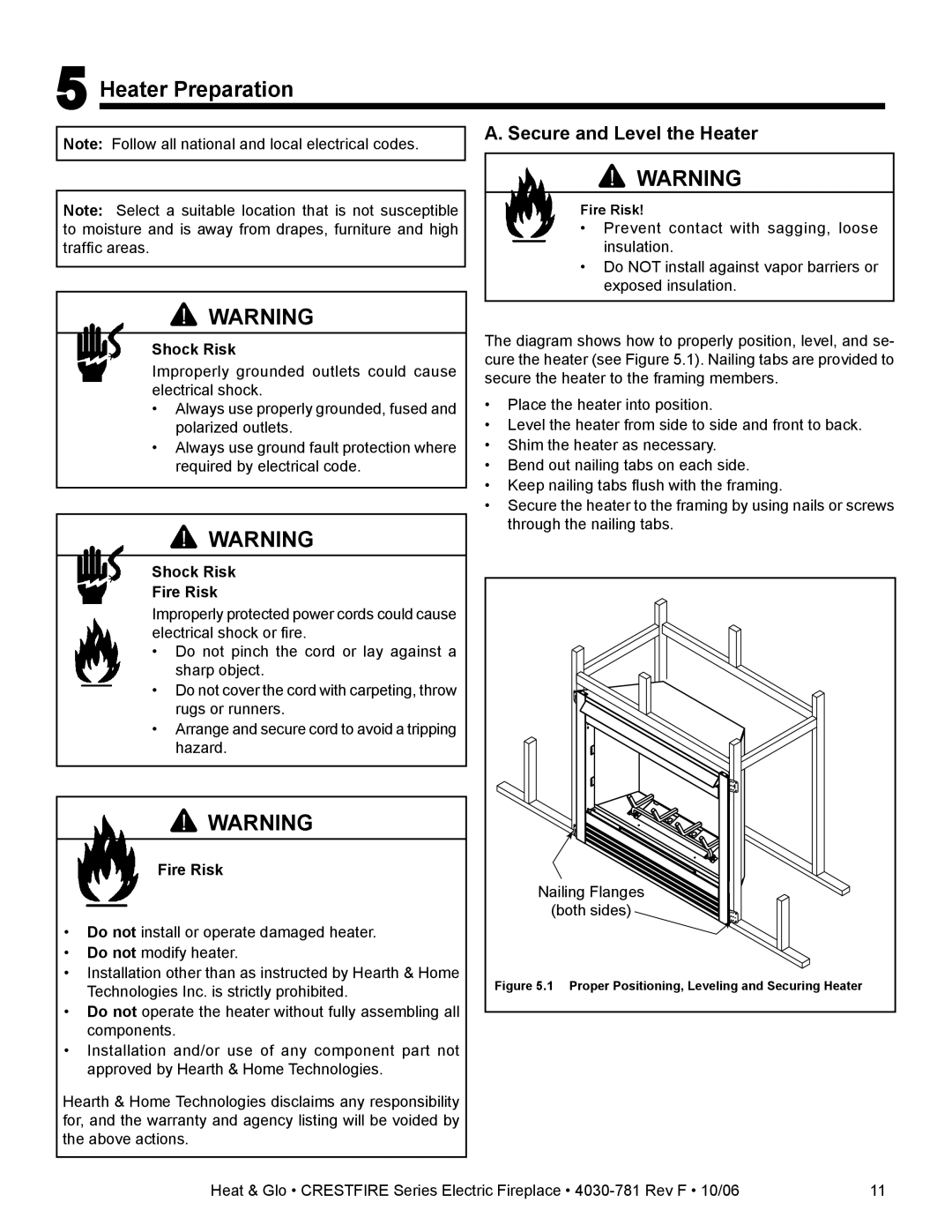 Heat & Glo LifeStyle CF550E-B owner manual Heater Preparation, Secure and Level the Heater 